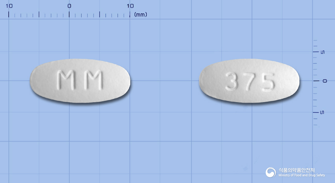 명문아모클란정375mg(아목시실린수화물·클라불란산칼륨(2:1)) 낱알 사진
